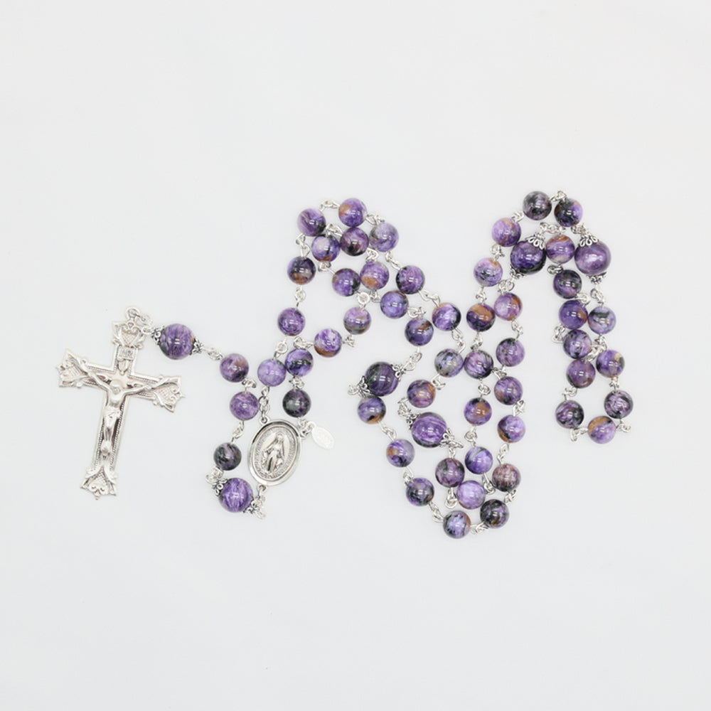 Charoite Women's Rosary -A Reflection of Sorrowful Mysteries - Handmade Gift for Her, Sterling Silver Bead Caps, Center, Crucifix.