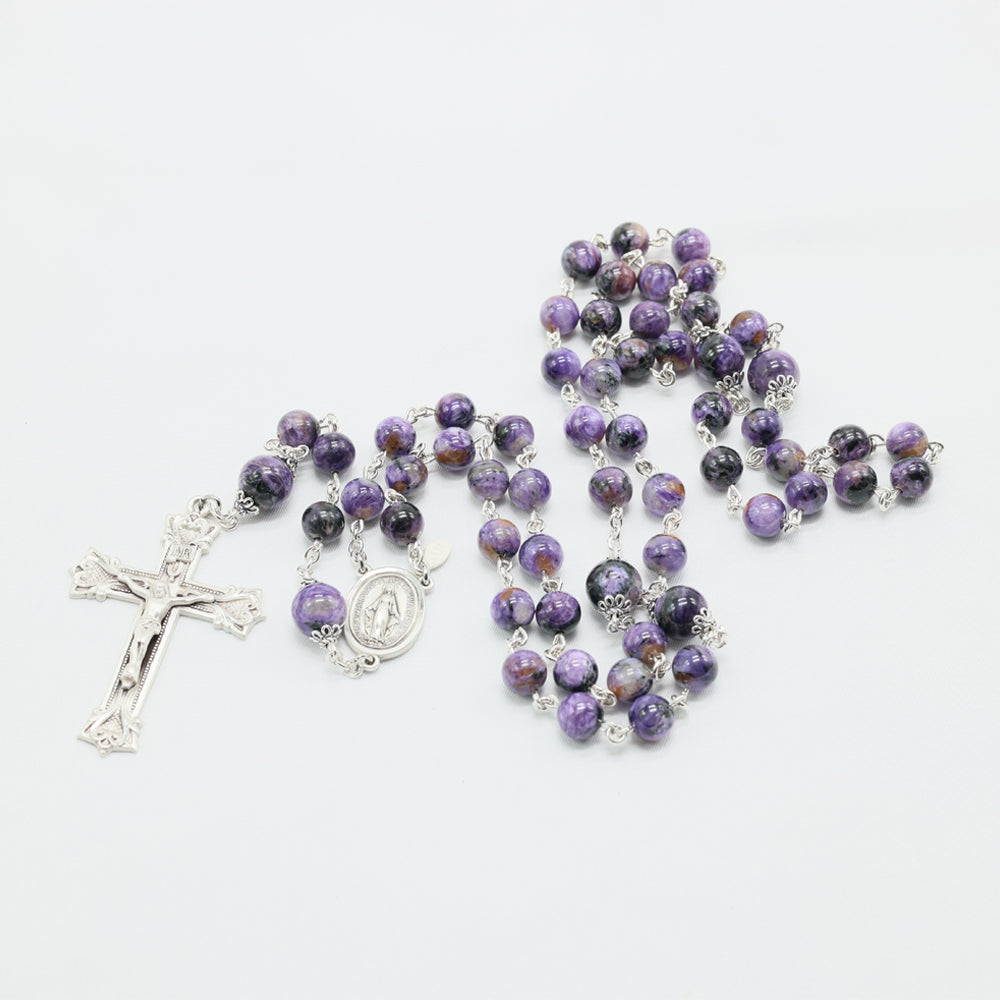 Charoite Women's Rosary -A Reflection of Sorrowful Mysteries - Handmade Gift for Her, Sterling Silver Bead Caps, Center, Crucifix.