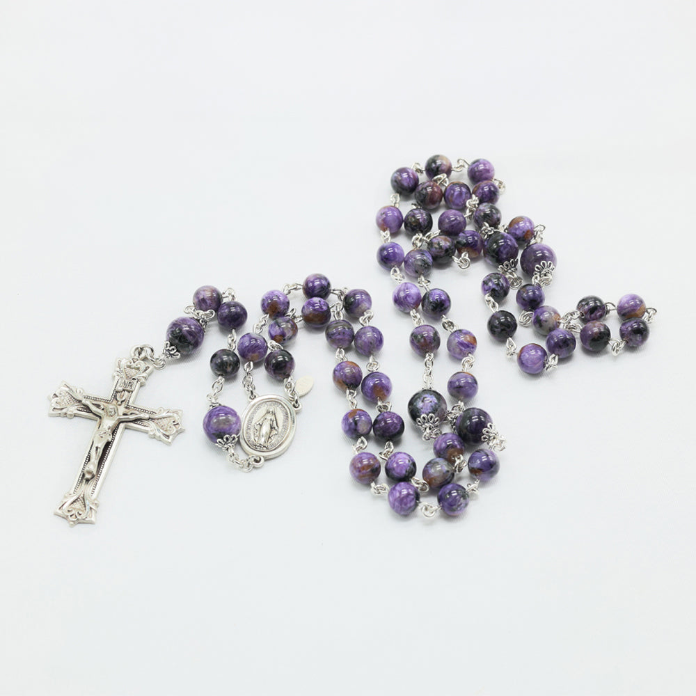 Charoite Women's Rosary -A Reflection of Sorrowful Mysteries - Handmade Gift for Her, Sterling Silver Bead Caps, Center, Crucifix.