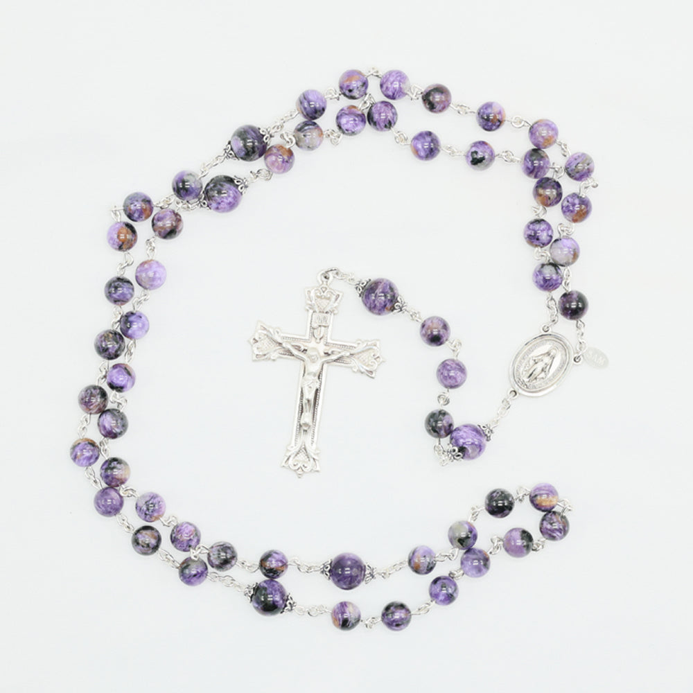Charoite Women's Rosary -A Reflection of Sorrowful Mysteries - Handmade Gift for Her, Sterling Silver Bead Caps, Center, Crucifix.