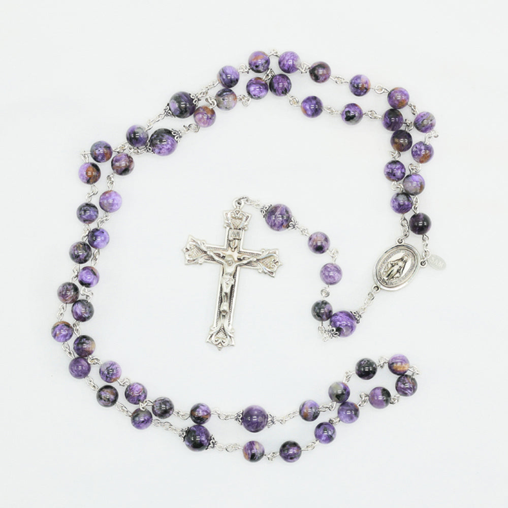 Charoite Women's Rosary -A Reflection of Sorrowful Mysteries - Handmade Gift for Her, Sterling Silver Bead Caps, Center, Crucifix.