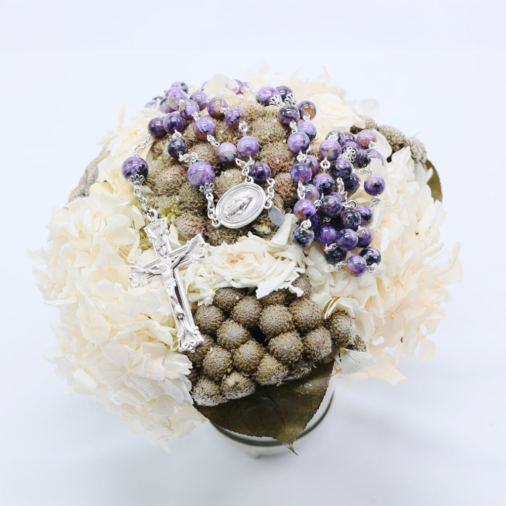 Charoite Women's Rosary -A Reflection of Sorrowful Mysteries - Handmade Gift for Her, Sterling Silver Bead Caps, Center, Crucifix.