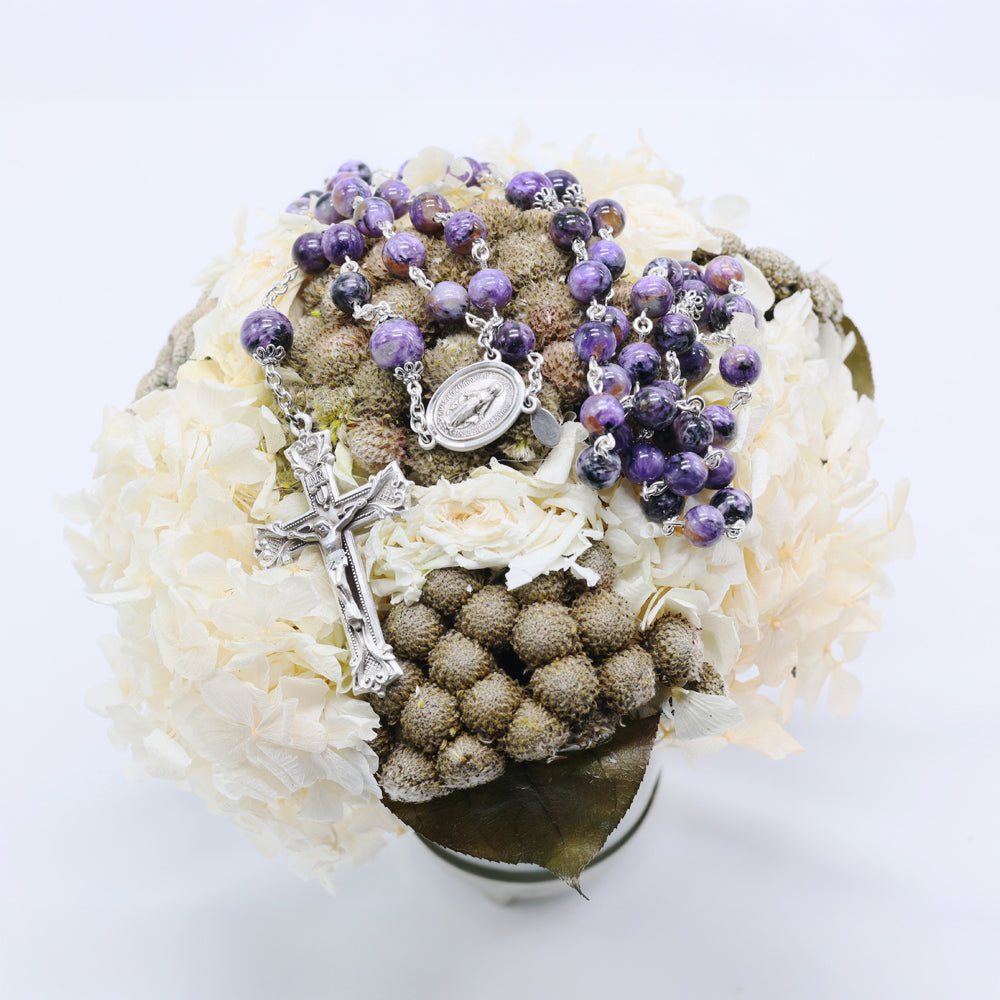 Charoite Women's Rosary -A Reflection of Sorrowful Mysteries - Handmade Gift for Her, Sterling Silver Bead Caps, Center, Crucifix.