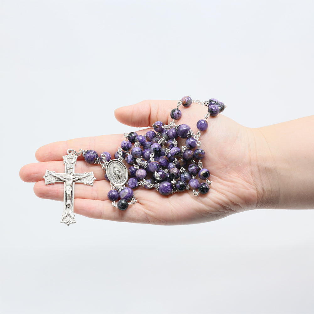 Charoite Women's Rosary -A Reflection of Sorrowful Mysteries - Handmade Gift for Her, Sterling Silver Bead Caps, Center, Crucifix.