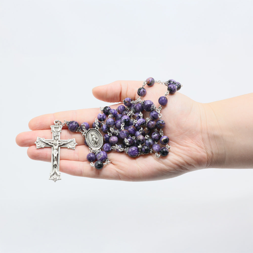 Charoite Women's Rosary -A Reflection of Sorrowful Mysteries - Handmade Gift for Her, Sterling Silver Bead Caps, Center, Crucifix.