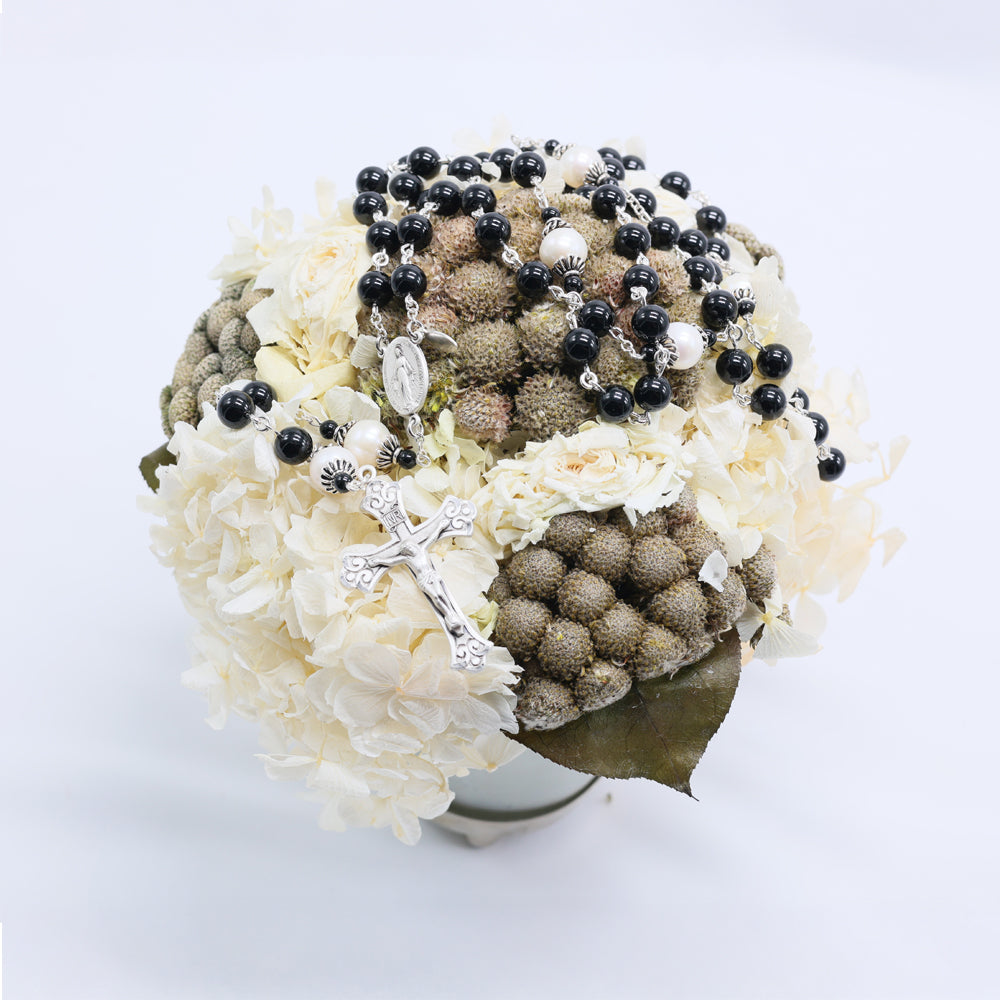 Black and White Onyx & Pearl- White for Grace and Purity, Black for Repentance