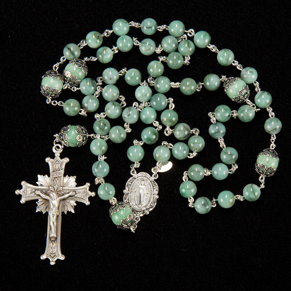 Natural, Green Emerald Rosary, Handmade with Green Emerald Beads and Sterling Silver