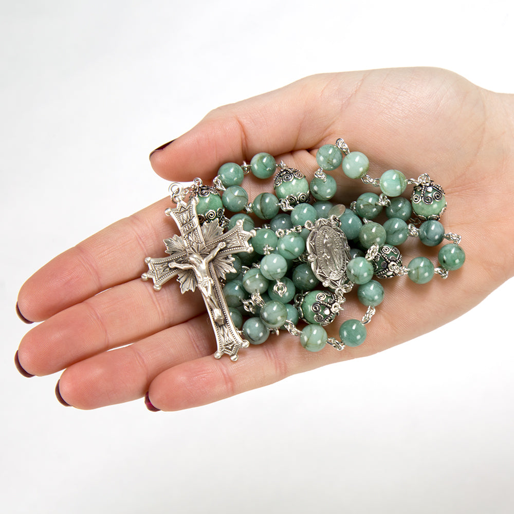 Natural, Green Emerald Rosary, Handmade with Green Emerald Beads and Sterling Silver