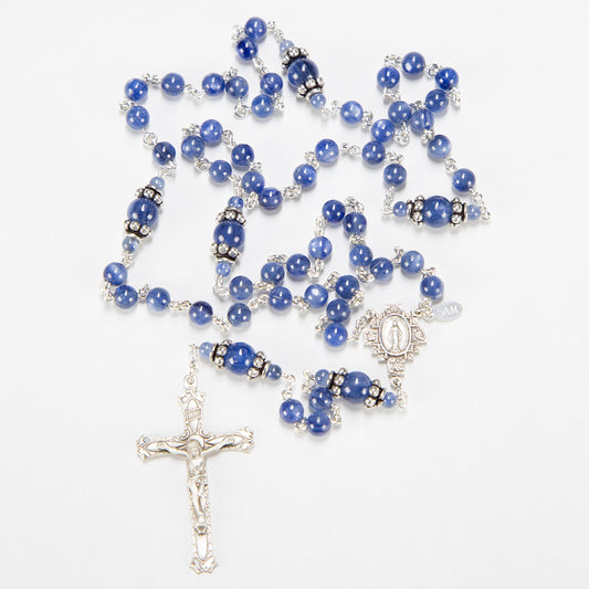 Blue Kyanite Sterling Silver Rosary Gift for Catholic Women - Handmade Heirloom with Smooth Stone Beads, Ornate Miraculous Medal Center
