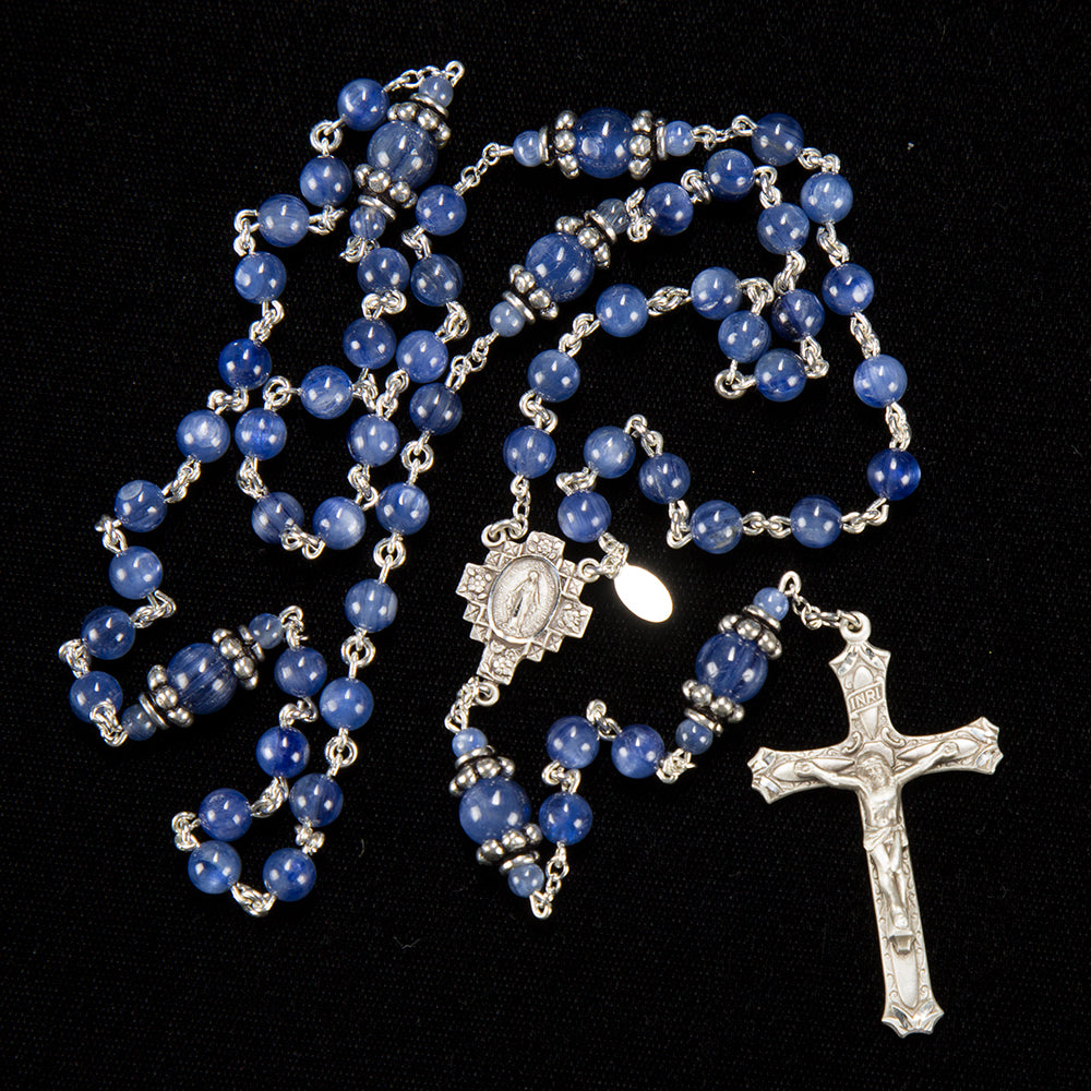 Blue Kyanite Sterling Silver Rosary Gift for Catholic Women - Handmade Heirloom with Smooth Stone Beads, Ornate Miraculous Medal Center