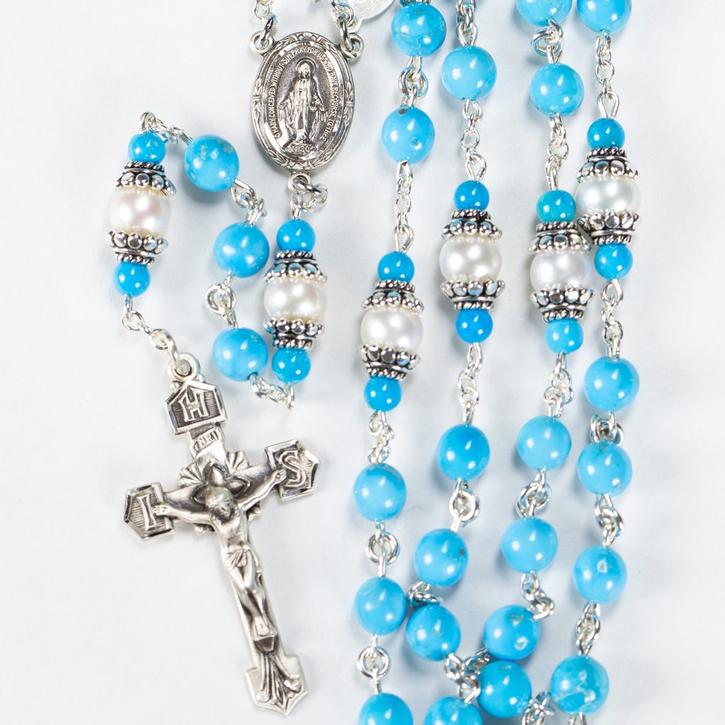 Robin's Nest Blue with Sleeping Beauty Turquoise and Freshwater Pearls, Handmade Catholic Rosary