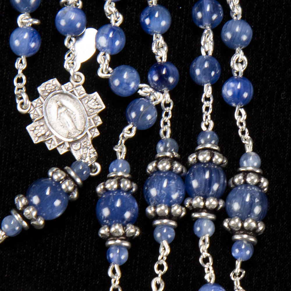 Blue Kyanite Sterling Silver Rosary Gift for Catholic Women - Handmade Heirloom with Smooth Stone Beads, Ornate Miraculous Medal Center