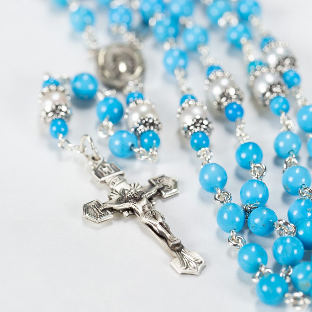 Robin's Nest Blue with Sleeping Beauty Turquoise and Freshwater Pearls, Handmade Catholic Rosary