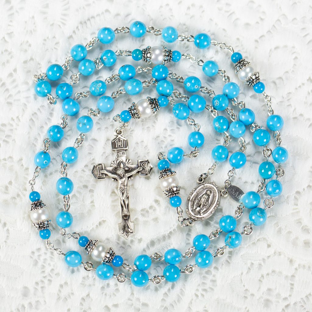 Robin's Nest Blue with Sleeping Beauty Turquoise and Freshwater Pearls, Handmade Catholic Rosary