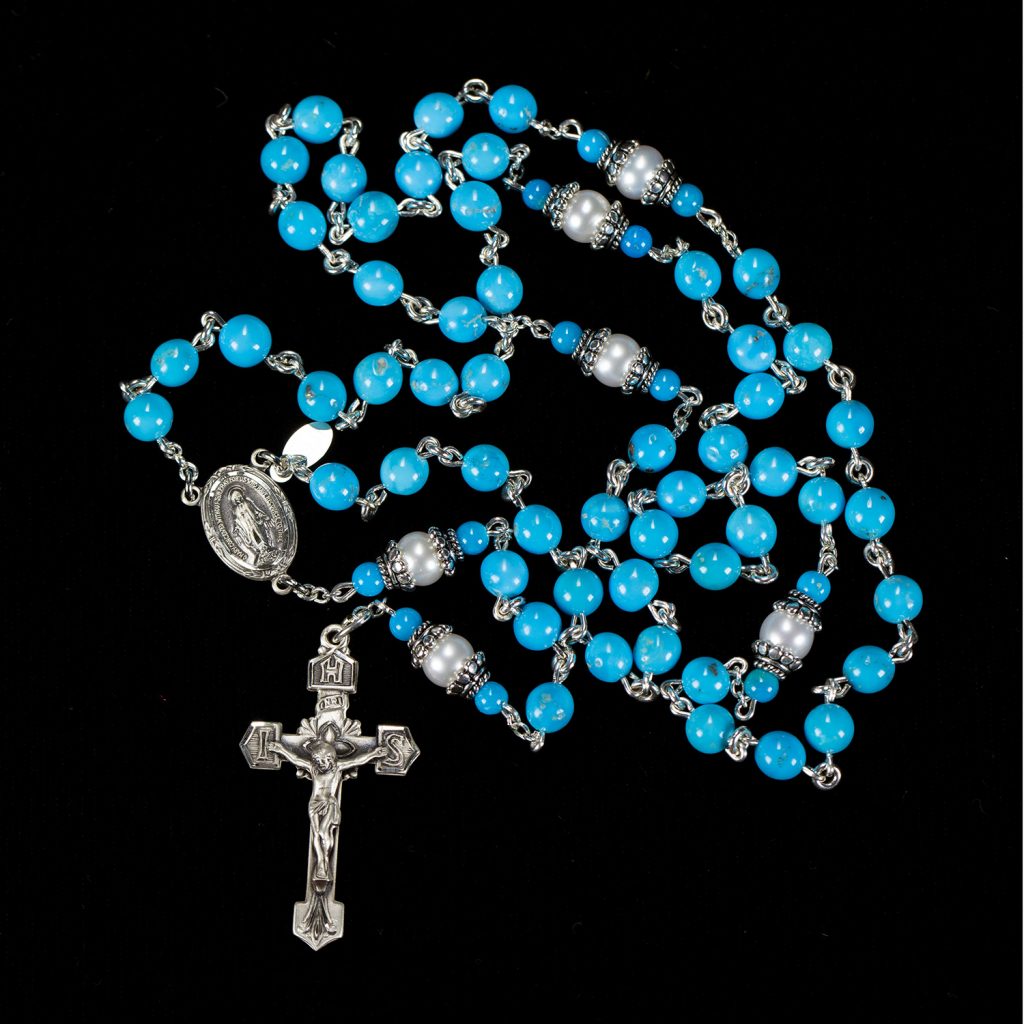 Robin's Nest Blue with Sleeping Beauty Turquoise and Freshwater Pearls, Handmade Catholic Rosary