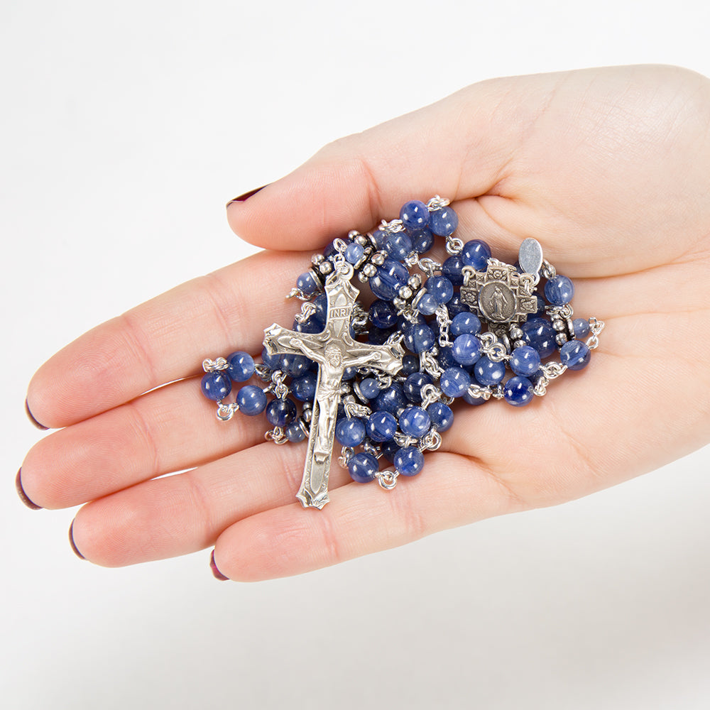 Blue Kyanite Sterling Silver Rosary Gift for Catholic Women - Handmade Heirloom with Smooth Stone Beads, Ornate Miraculous Medal Center