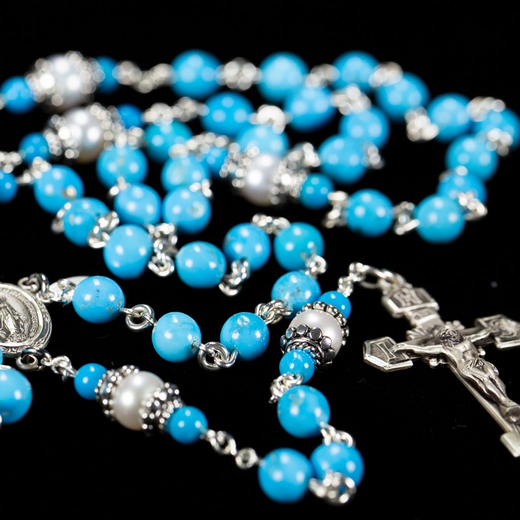 Robin's Nest Blue with Sleeping Beauty Turquoise and Freshwater Pearls, Handmade Catholic Rosary