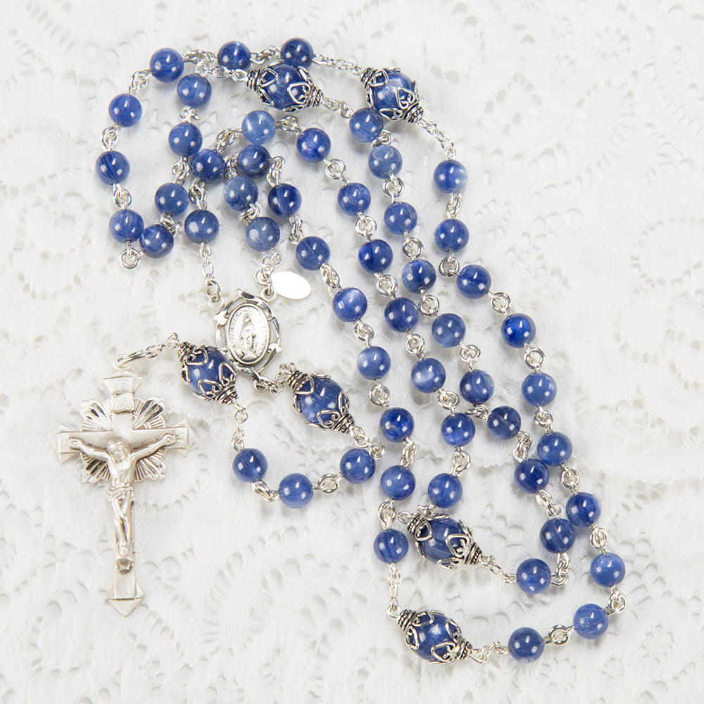 Blue Kyanite Rosary - Gift for Catholic Women - Handmade Heirloom, Sterling Silver, Miraculous Medal, Starburst Crucifix - Custom Rosaries