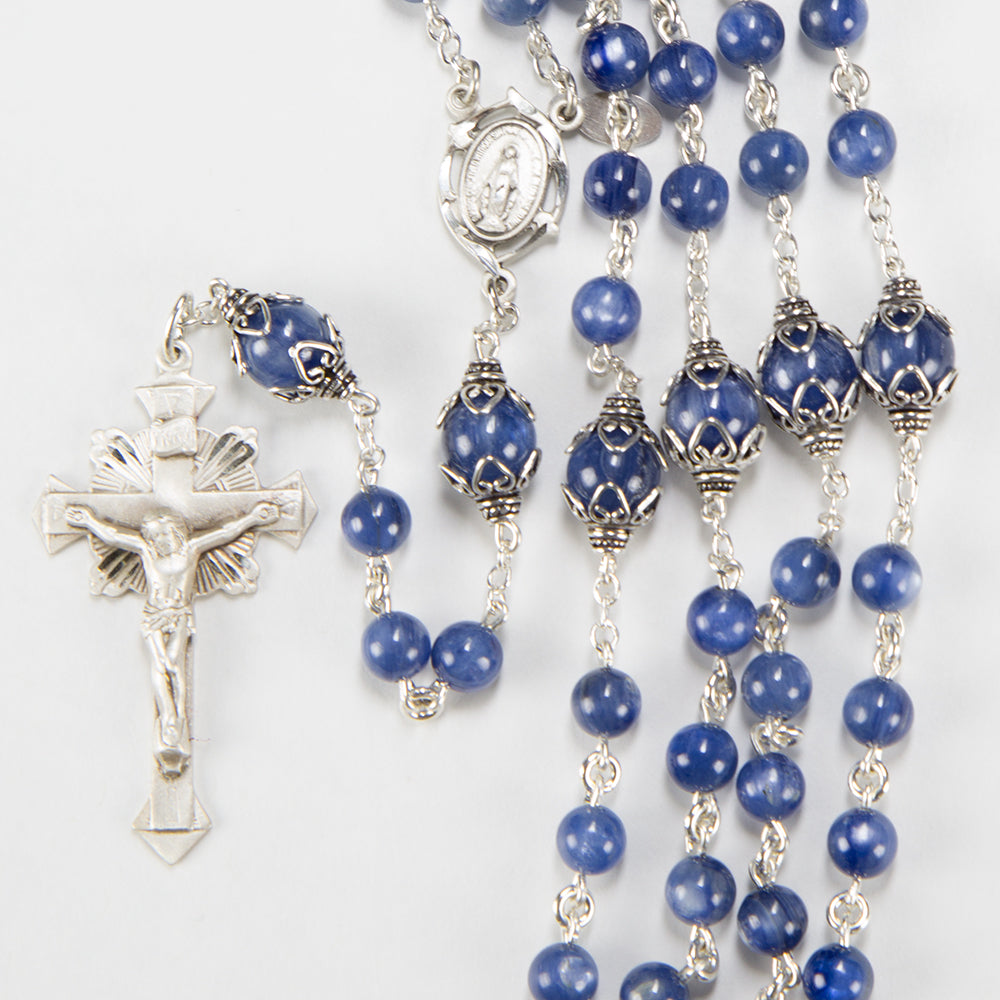 Blue Kyanite Rosary - Gift for Catholic Women - Handmade Heirloom, Sterling Silver, Miraculous Medal, Starburst Crucifix - Custom Rosaries