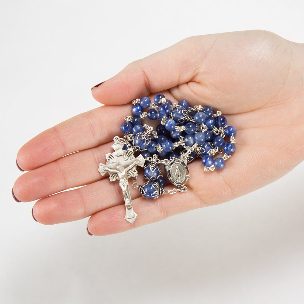 Blue Kyanite Rosary - Gift for Catholic Women - Handmade Heirloom, Sterling Silver, Miraculous Medal, Starburst Crucifix - Custom Rosaries