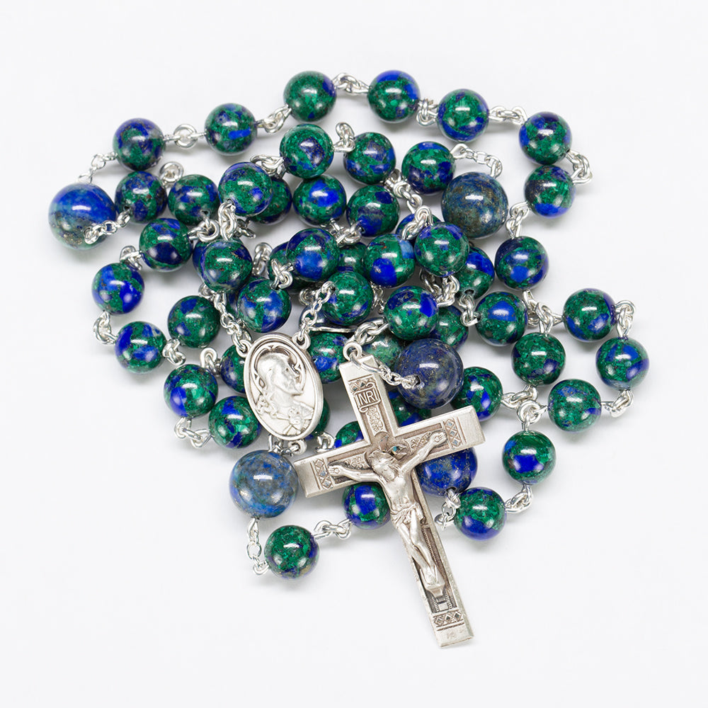 Catholic Men's Rosary Handmade with Stunning, Blue/Green Azurite Stones and Sterling Silver