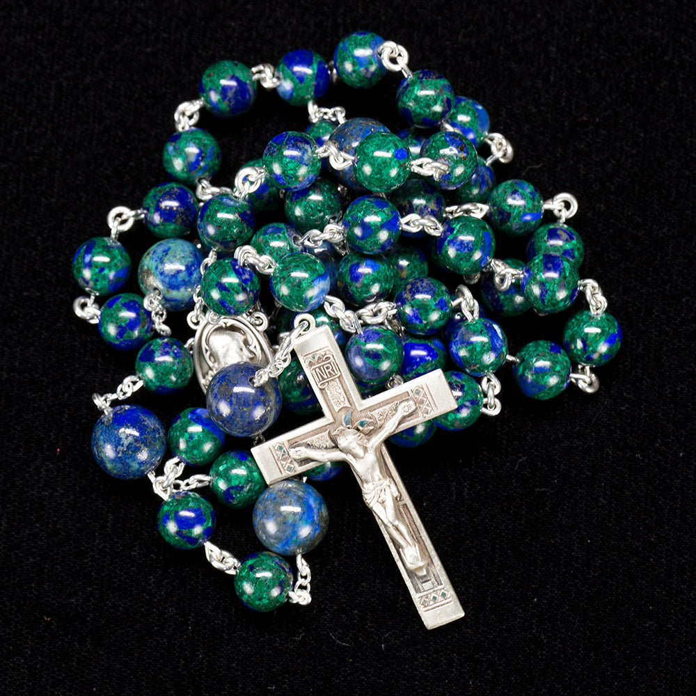 Catholic Men's Rosary Handmade with Stunning, Blue/Green Azurite Stones and Sterling Silver