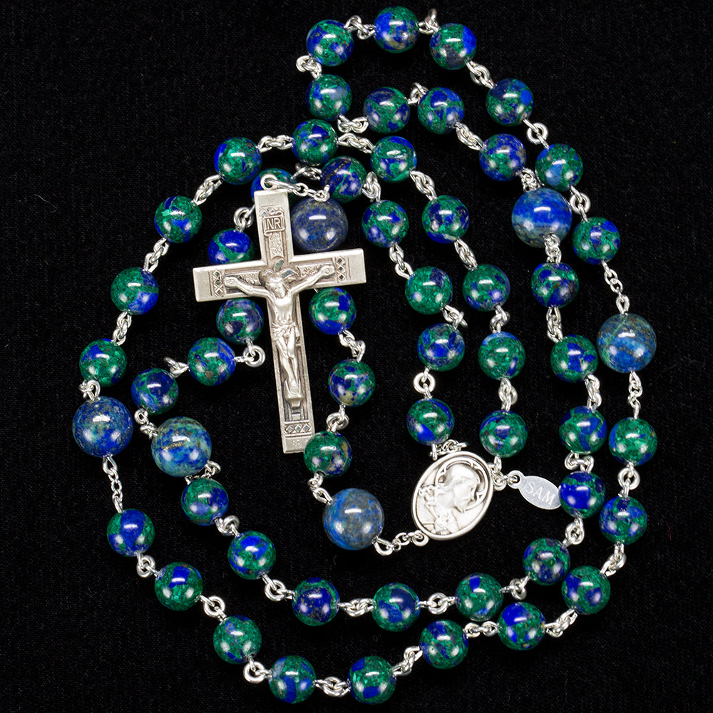 Catholic Men's Rosary Handmade with Stunning, Blue/Green Azurite Stones and Sterling Silver