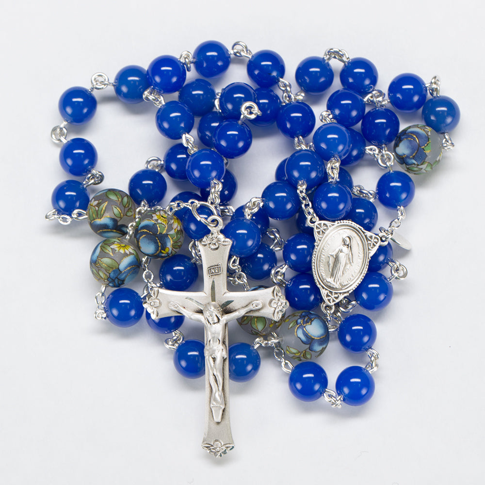 Catholic Rosary Handmade with Lotus Tensha Beads, Blue Onyx and Sterling Silver