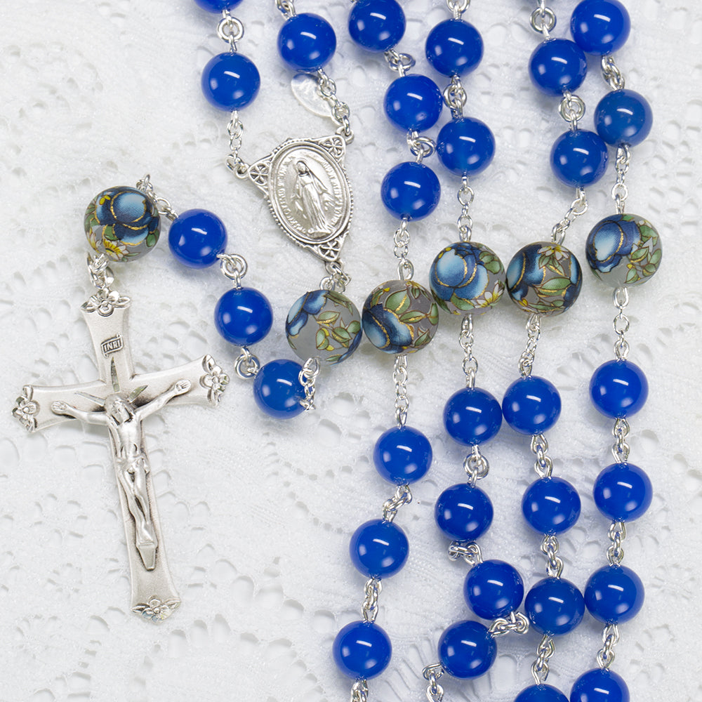 Catholic Rosary Handmade with Lotus Tensha Beads, Blue Onyx and Sterling Silver