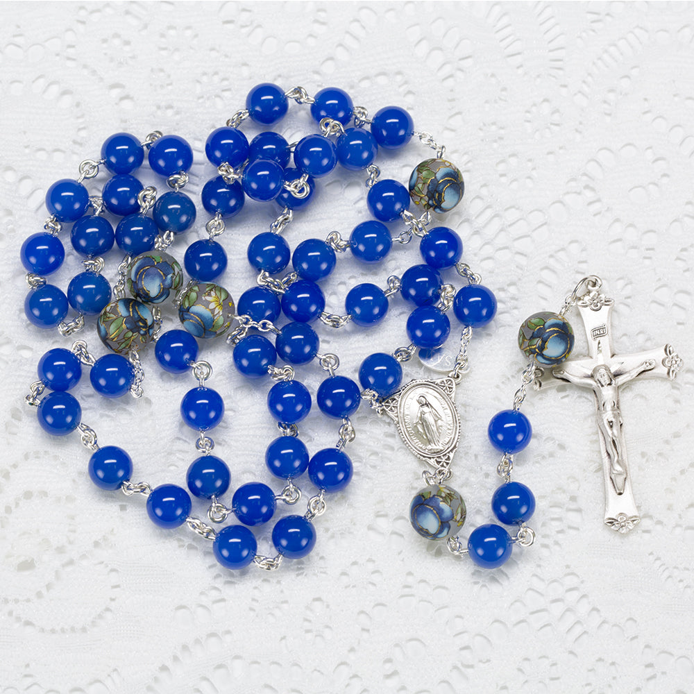 Catholic Rosary Handmade with Lotus Tensha Beads, Blue Onyx and Sterling Silver