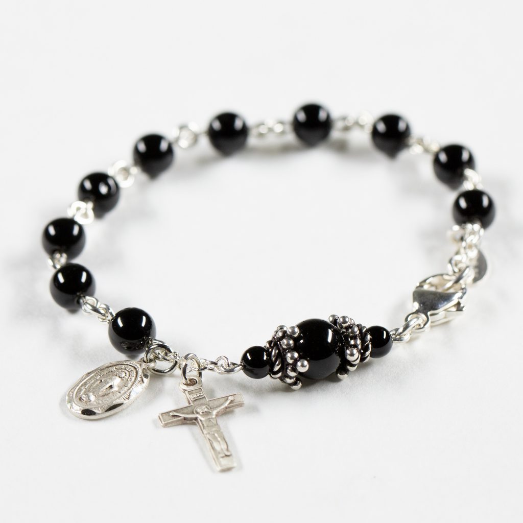 Black Onyx Bracelet Rosary for Catholic Prayers with Bali Sterling Silver