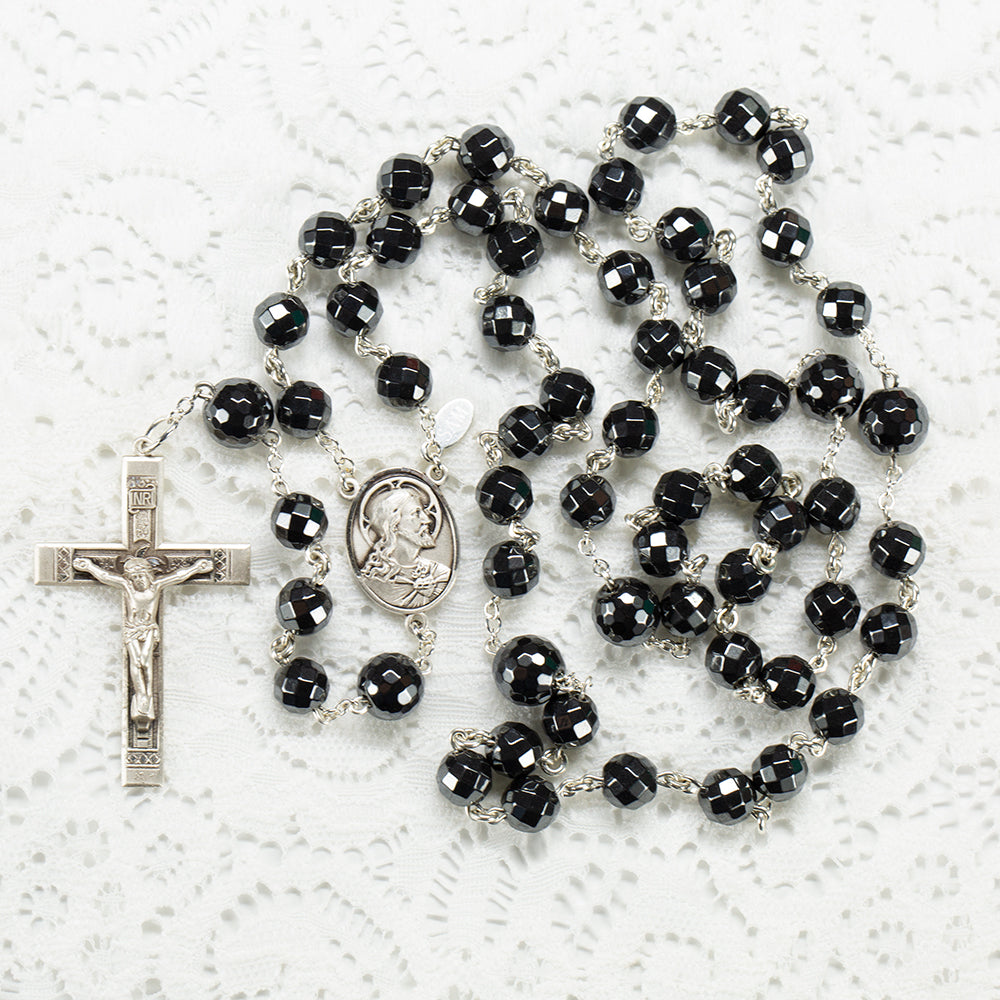 Hematite Crystal Rosary - Handmade Catholic Rosary for Men or Women - Sterling Silver Faceted Steel Gray Haematite Beads - Heirloom Rosaries