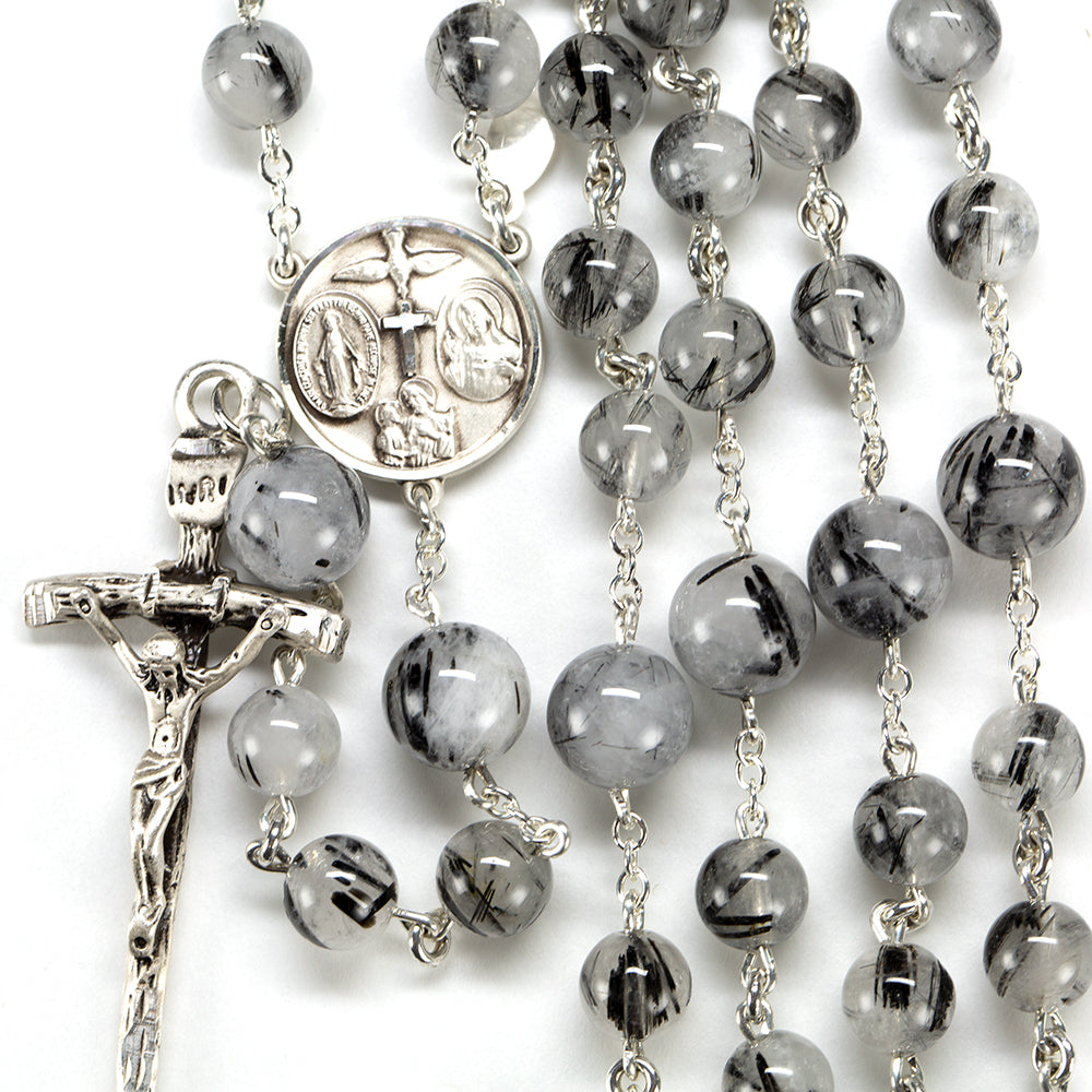 Tourmaline Quartz Men's Rosary - Handmade Gift with Tourmalinated Stones, Sterling Silver and St. John Paul II Crucifix - Handmade Heirloom