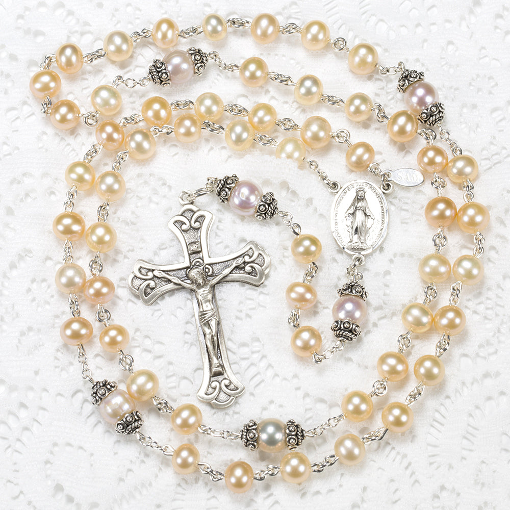 Catholic Women's Rosary handmade with cream and peach colored freshwater pearls