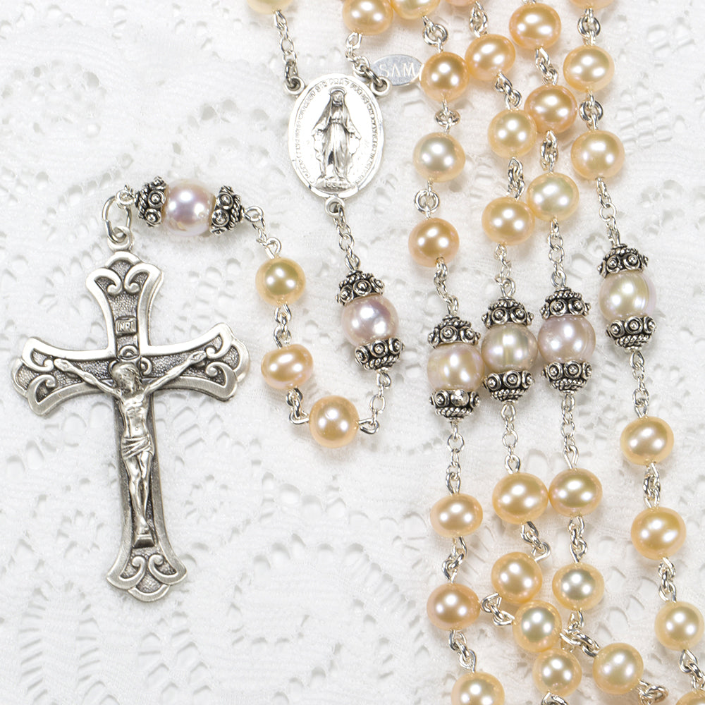 Catholic Women's Rosary handmade with cream and peach colored freshwater pearls