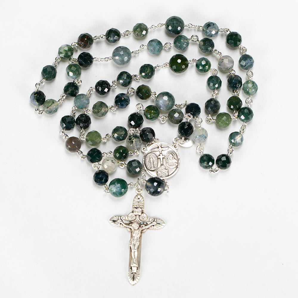 Catholic Men's Rosary Handmade with Green Moss Agate stones and Sterling Silver