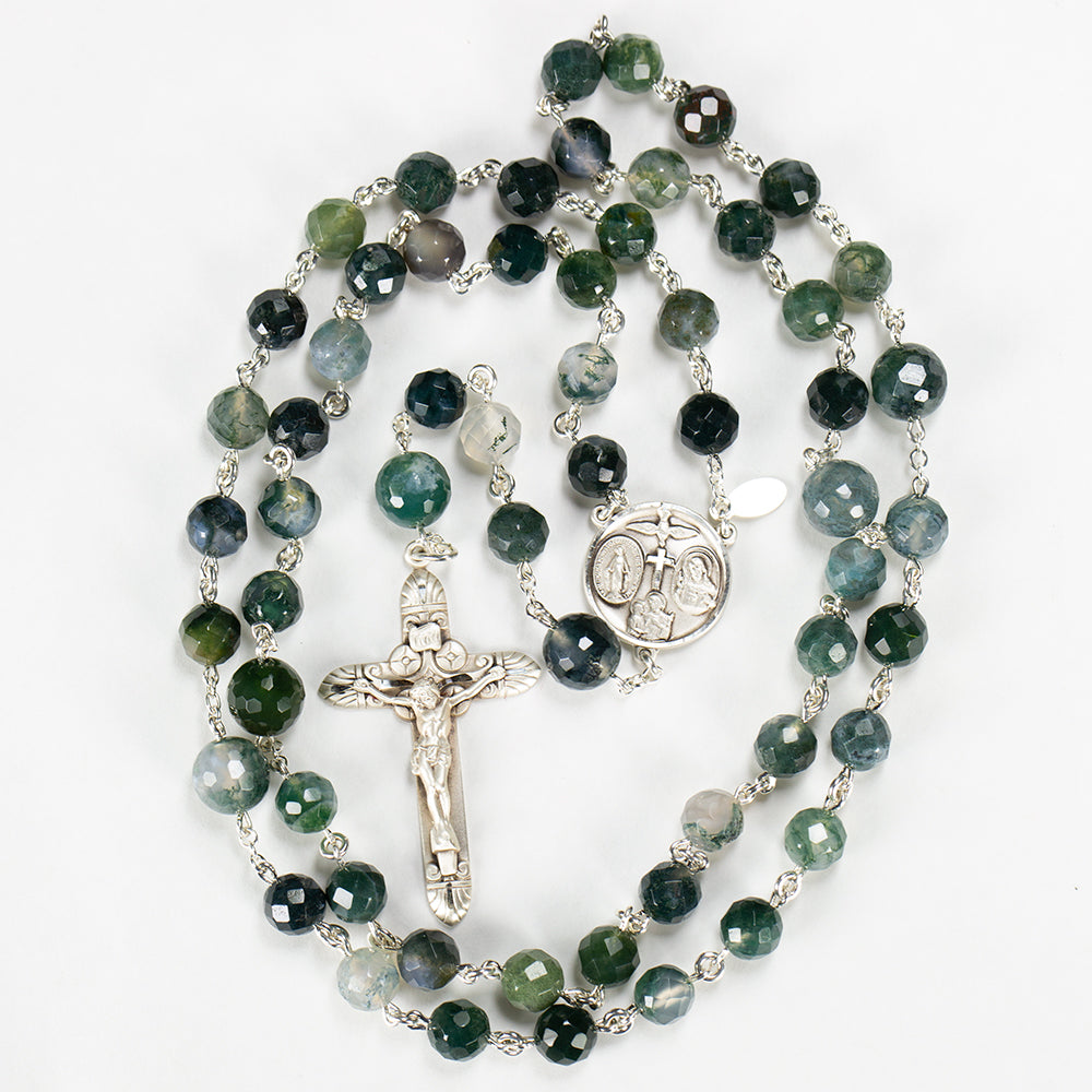 Catholic Men's Rosary Handmade with Green Moss Agate stones and Sterling Silver