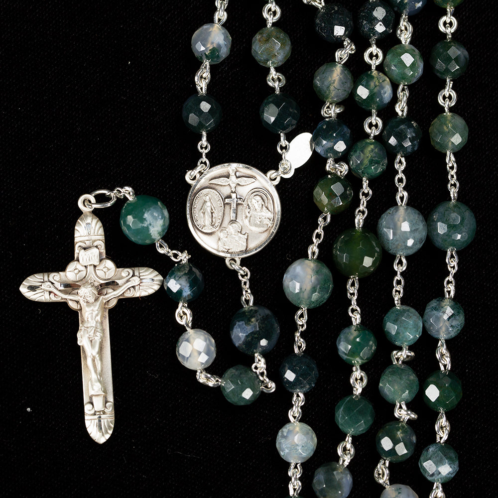 Catholic Men's Rosary Handmade with Green Moss Agate stones and Sterling Silver