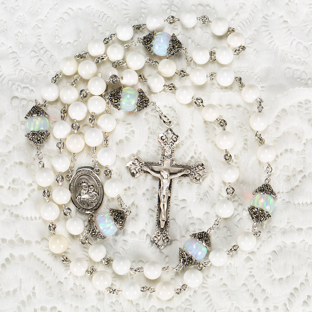 Catholic Women's Rosary Handmade with Natural White Opals and Marcasite Silver