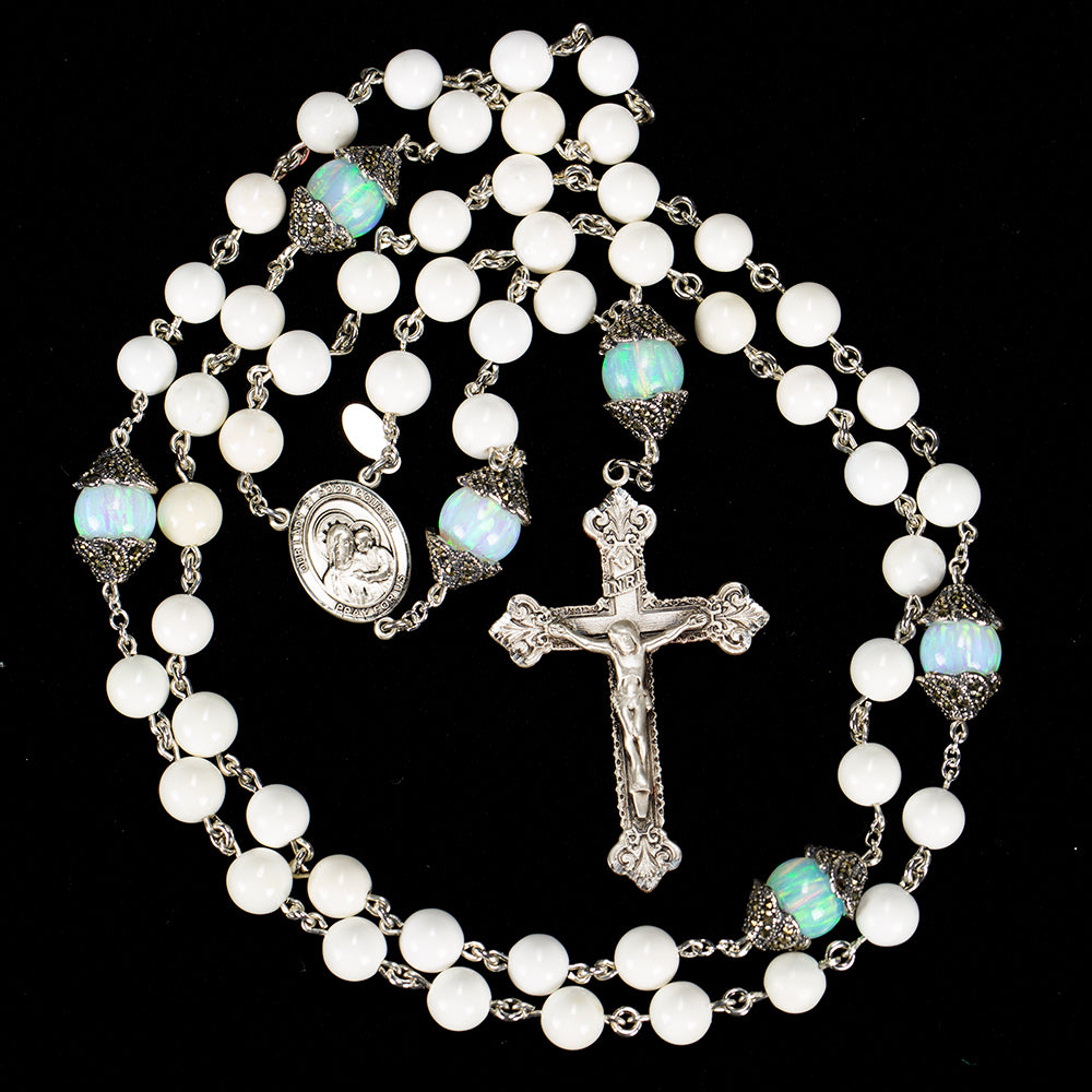 Catholic Women's Rosary Handmade with Natural White Opals and Marcasite Silver