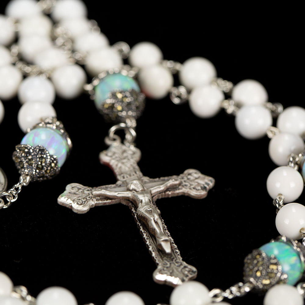 Catholic Women's Rosary Handmade with Natural White Opals and Marcasite Silver