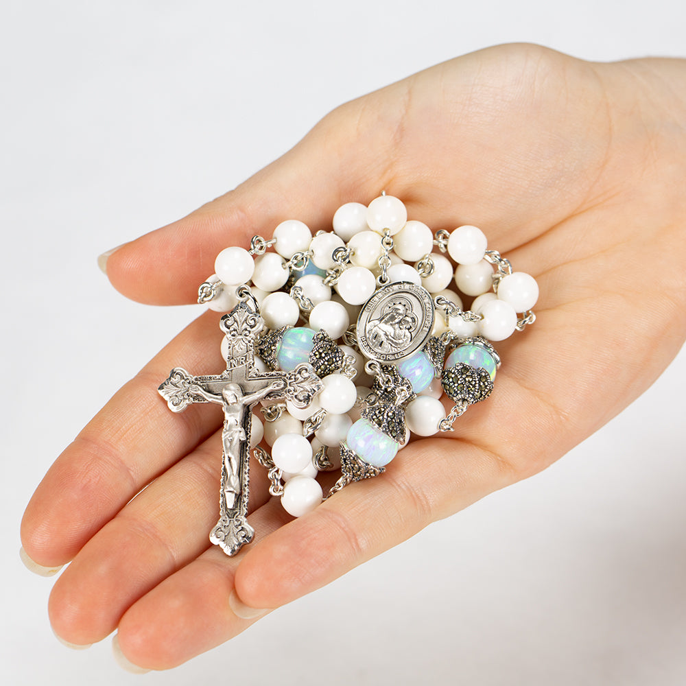 Catholic Women's Rosary Handmade with Natural White Opals and Marcasite Silver