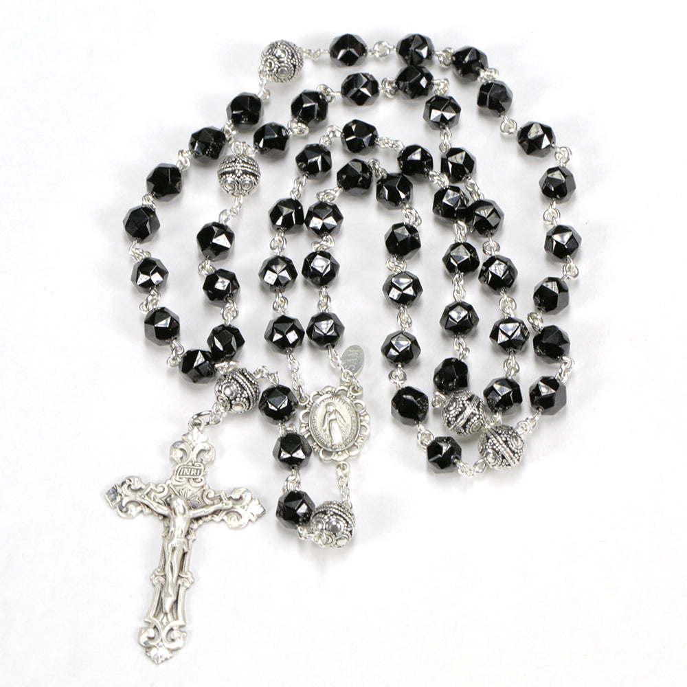 Heirloom Catholic Women's Rosary Handmade with Black Spinel Beads and Sterling Silver