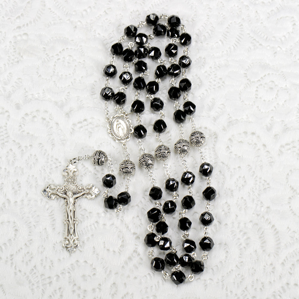 Heirloom Catholic Women's Rosary Handmade with Black Spinel Beads and Sterling Silver