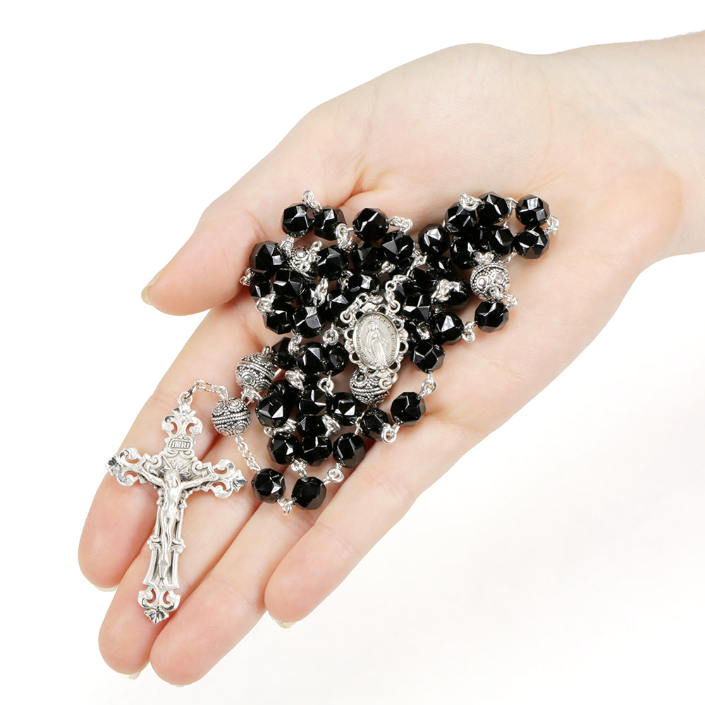 Heirloom Catholic Women's Rosary Handmade with Black Spinel Beads and Sterling Silver