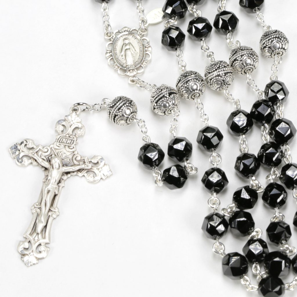 Heirloom Catholic Women's Rosary Handmade with Black Spinel Beads and Sterling Silver