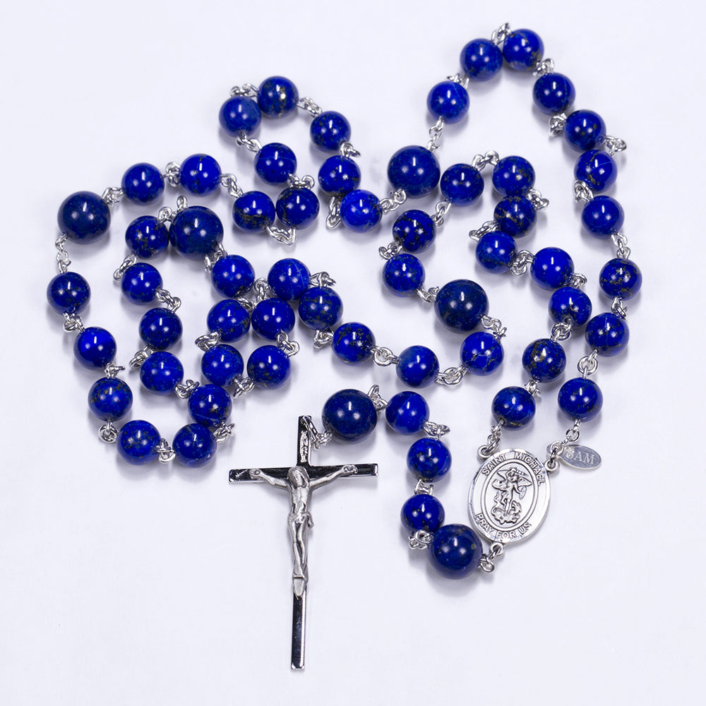 Handmade Men's Rosary with Blue Lapis stones and St Michael Center