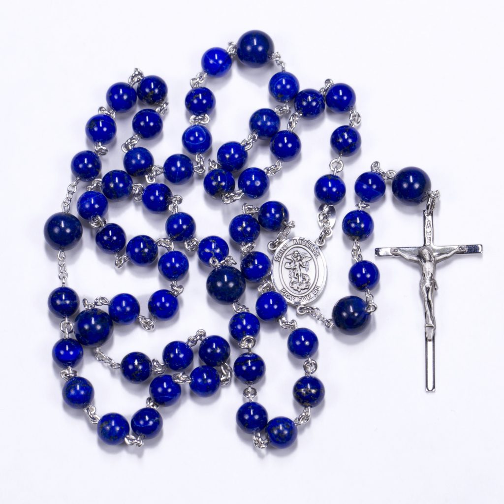 Handmade Men's Rosary with Blue Lapis stones and St Michael Center