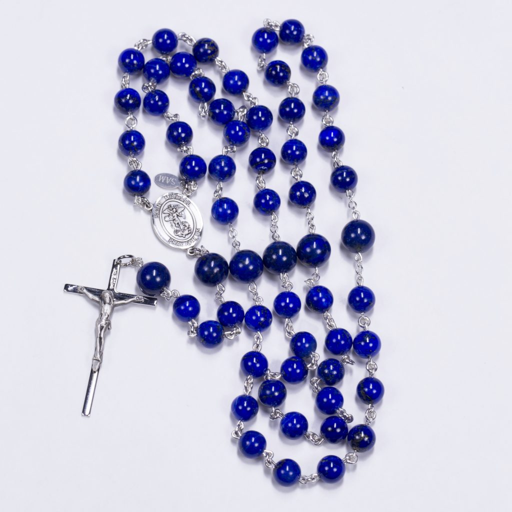 Handmade Men's Rosary with Blue Lapis stones and St Michael Center