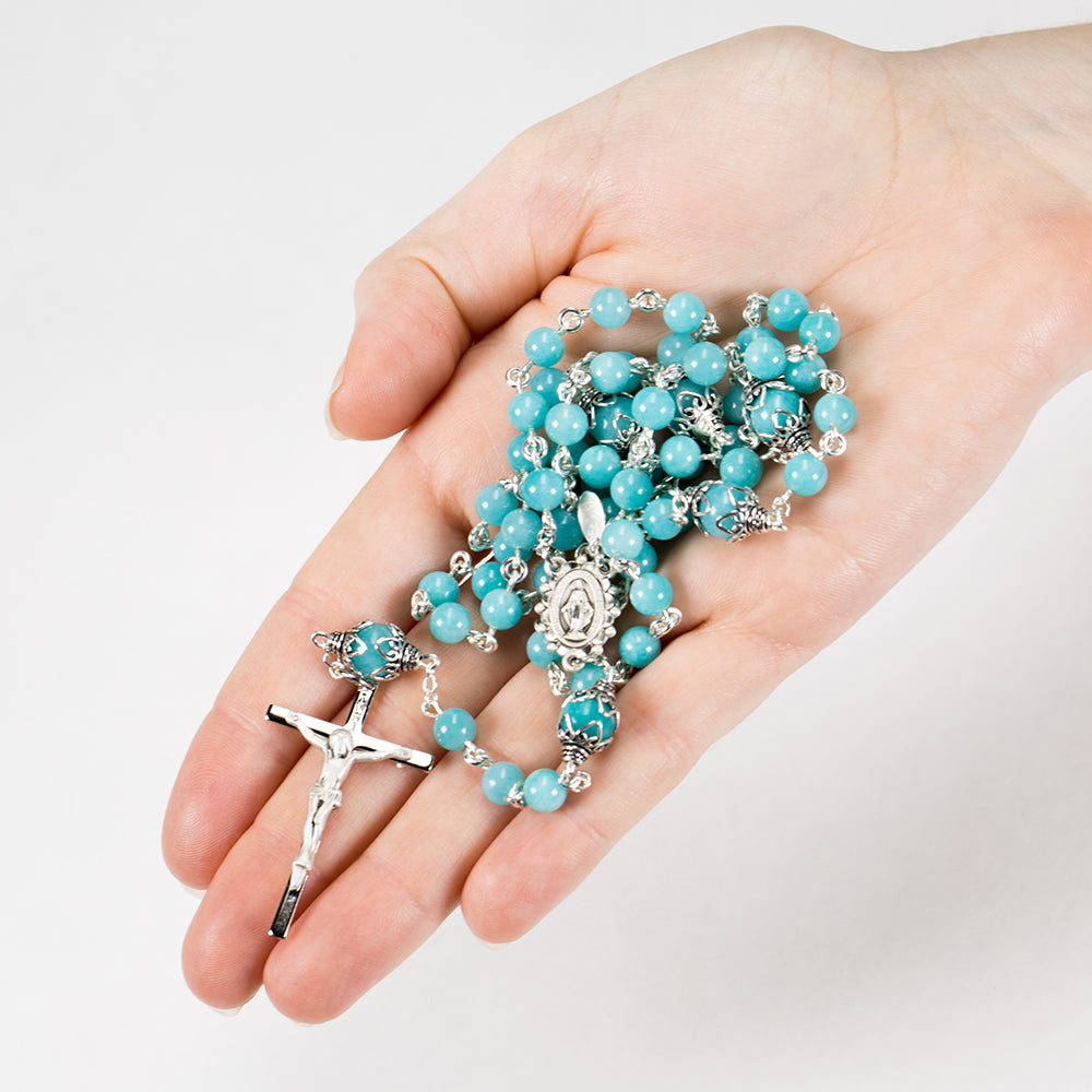 Catholic Rosary handmade with dainty, 6mm Amazonite Stones and Sterling Silver